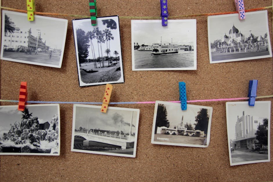 Black and white vintage photos pinned against a corkboard with colorful clothespins.